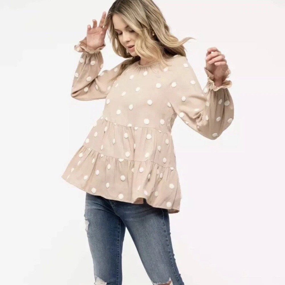 Blu Pepper Kaki & Ivory Polka Dot Round Neck Tie Babydoll Top Size Large - Picture 1 of 10